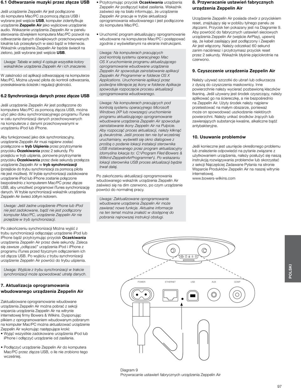 Wskazanie urządzenia Zeppelin Air w panelu sterowania dźwiękiem komputera Mac/PC pozwoli na odtwarzanie danych dźwiękowych przechowywanych lokalnie lub przesyłanych w sieci bądź w Internecie.