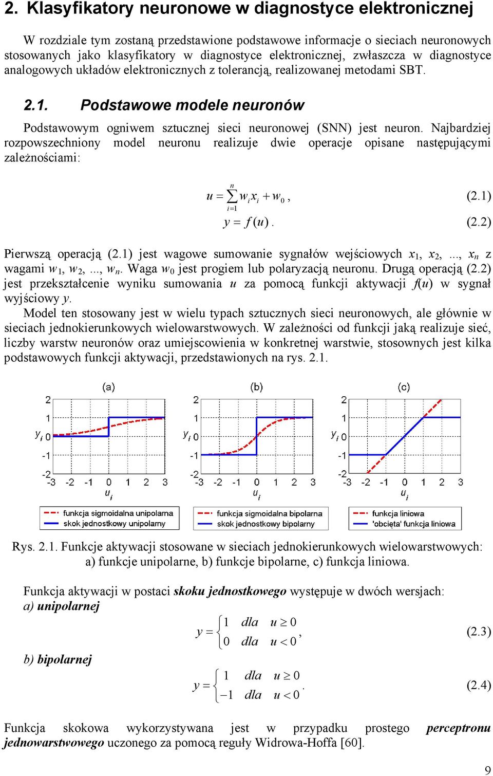 Najbardziej rozpowszechniony model neuronu realizuje dwie operacje opisane następującymi zależnościami: n i i 0, (2.1) i= 1 u = wx + w y = f( u). (2.2) Pierwszą operacją (2.