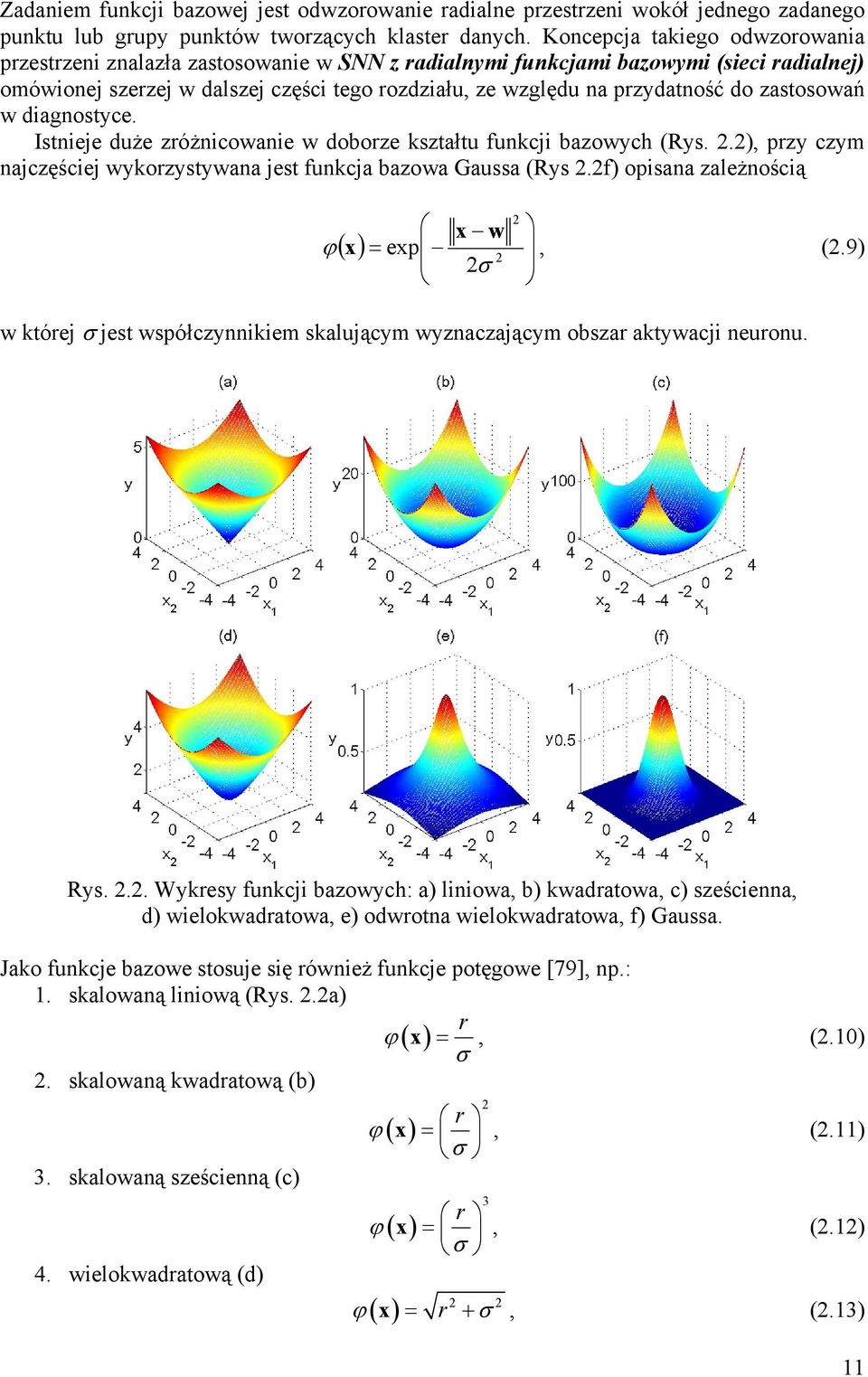 do zastosowań w diagnostyce. Istnieje duże zróżnicowanie w doborze kształtu funkcji bazowych (Rys. 2.2), przy czym najczęściej wykorzystywana jest funkcja bazowa Gaussa (Rys 2.