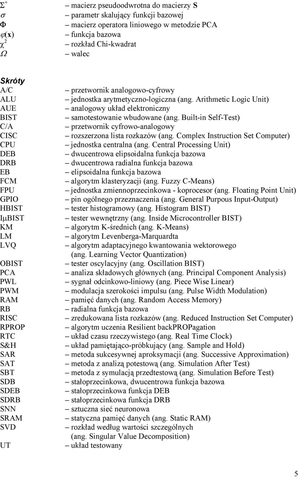 arytmetyczno-logiczna (ang. Arithmetic Logic Unit) analogowy układ elektroniczny samotestowanie wbudowane (ang. Built-in Self-Test) przetwornik cyfrowo-analogowy rozszerzona lista rozkazów (ang.