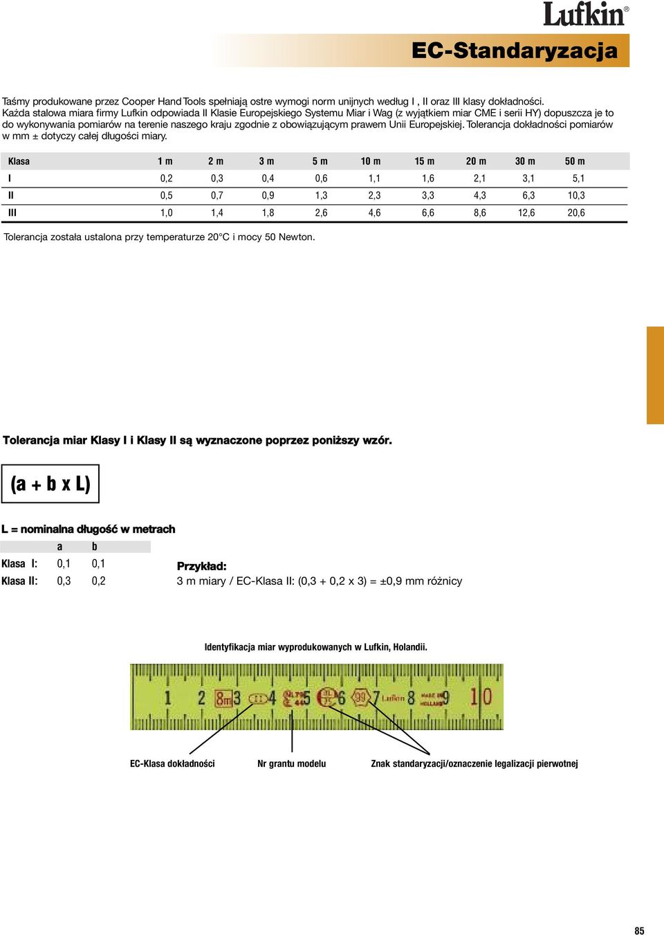 obowiązującym prawem Unii Europejskiej. Tolerancja dokładności pomiarów w mm ± dotyczy całej długości miary.