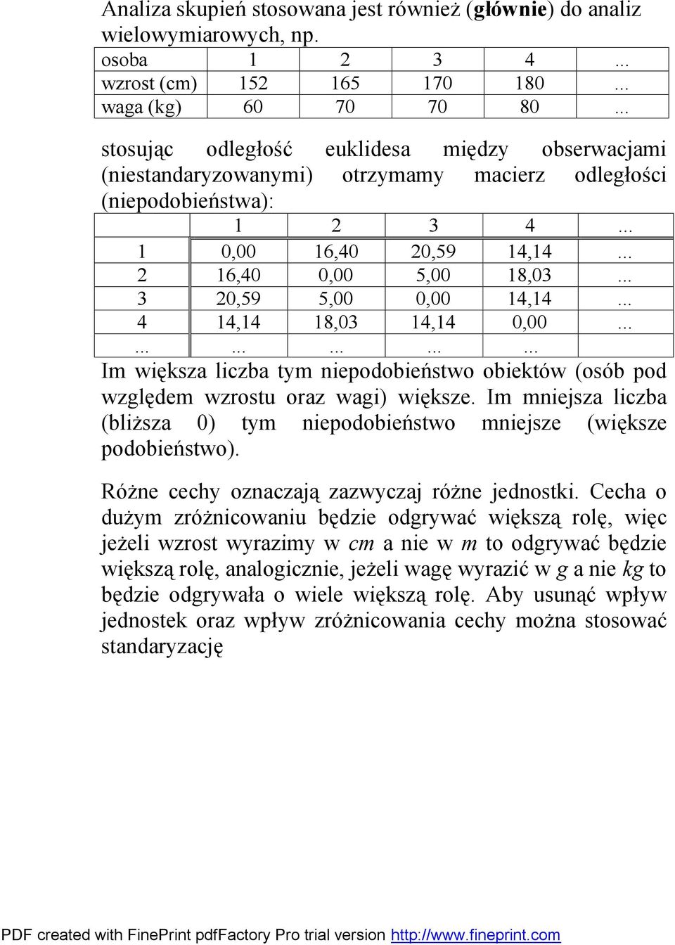 .. 3 20,59 5,00 0,00 14,14... 4 14,14 18,03 14,14 0,00.................. Im większa liczba tym niepodobieństwo obiektów (osób pod względem wzrostu oraz wagi) większe.