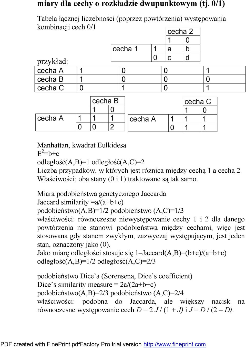 1 1 0 0 2 cecha A cecha C 1 0 1 1 1 0 1 1 Manhattan, kwadrat Eulkidesa E 2 =b+c odległość(a,b)=1 odległość(a,c)=2 Liczba przypadków, w których jest różnica między cechą 1 a cechą 2.