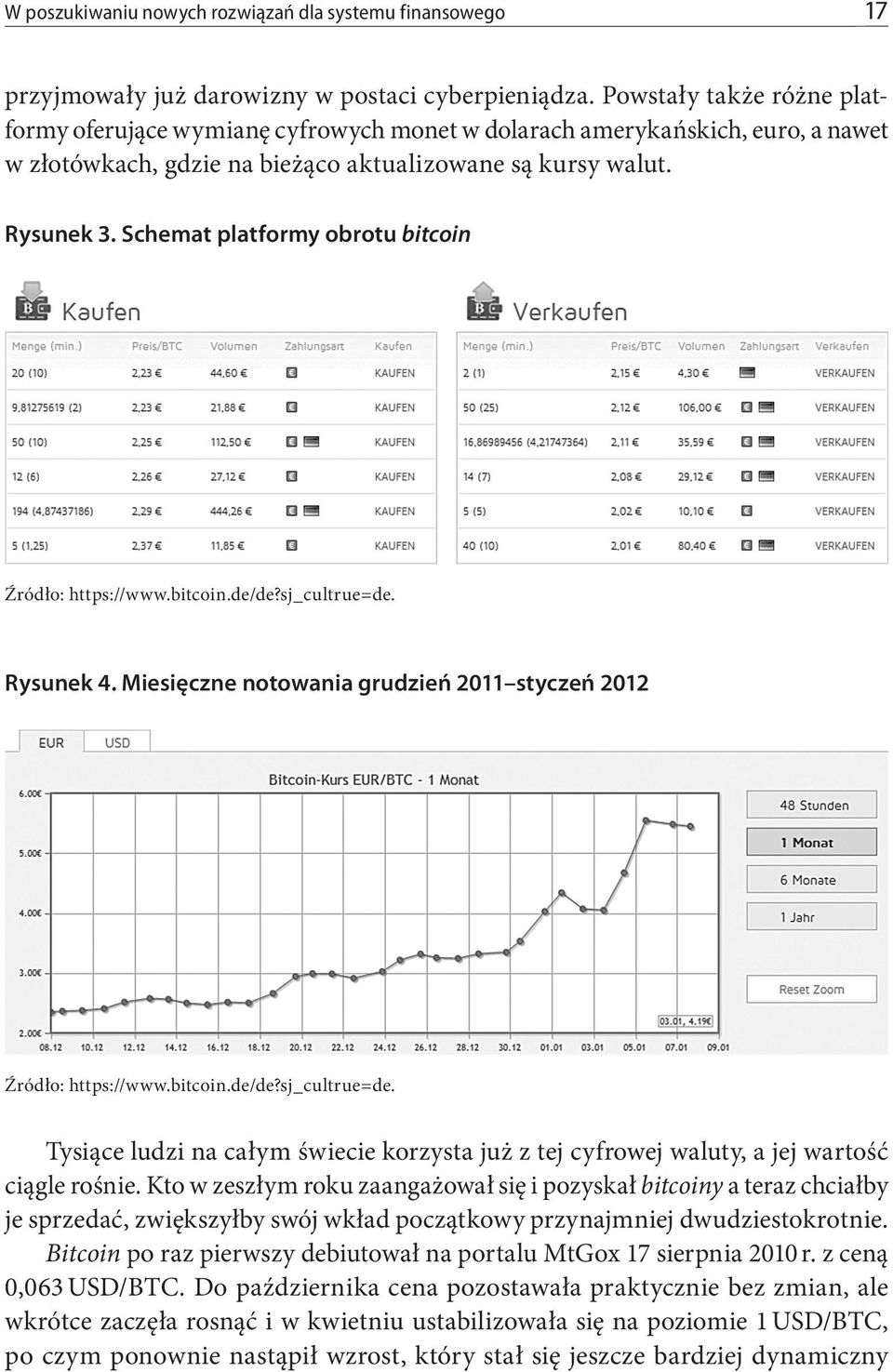 Schemat platformy obrotu bitcoin Źródło: https://www.bitcoin.de/de?sj_cultrue=de. Rysunek 4. Miesięczne notowania grudzień 2011 styczeń 2012 Źródło: https://www.bitcoin.de/de?sj_cultrue=de. Tysiące ludzi na całym świecie korzysta już z tej cyfrowej waluty, a jej wartość ciągle rośnie.