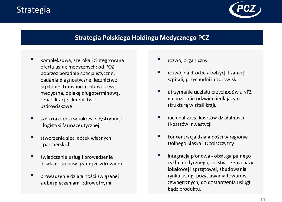 własnych i partnerskich świadczenie usług i prowadzenie działalności powiązanej ze zdrowiem prowadzenie działalności związanej z ubezpieczeniami zdrowotnymi rozwój organiczny rozwój na drodze