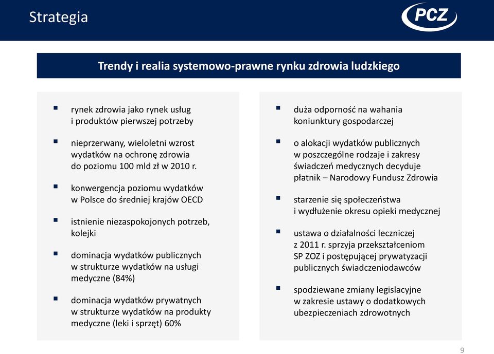 konwergencja poziomu wydatków w Polsce do średniej krajów OECD istnienie niezaspokojonych potrzeb, kolejki dominacja wydatków publicznych w strukturze wydatków na usługi medyczne (84%) dominacja