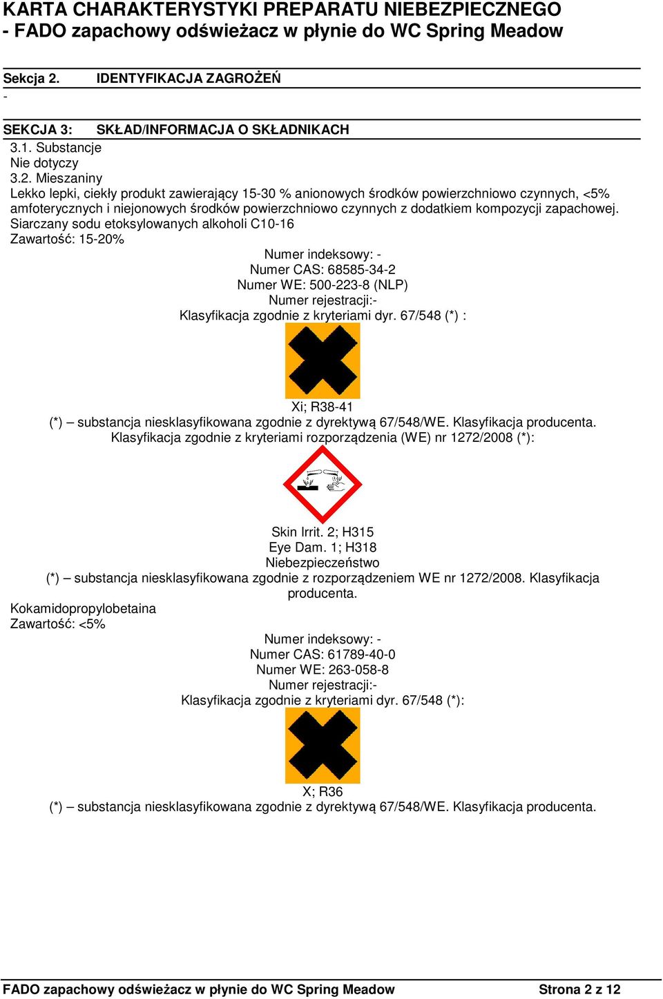 Mieszaniny Lekko lepki, ciekły produkt zawierający 15-30 % anionowych środków powierzchniowo czynnych, <5% amfoterycznych i niejonowych środków powierzchniowo czynnych z dodatkiem kompozycji