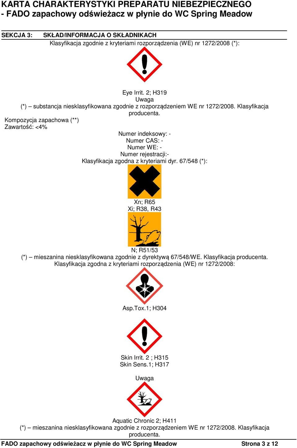 Kompozycja zapachowa (**) Zawartość: <4% Numer indeksowy: - Numer CAS: - Numer WE: - Numer rejestracji:- Klasyfikacja zgodna z kryteriami dyr.