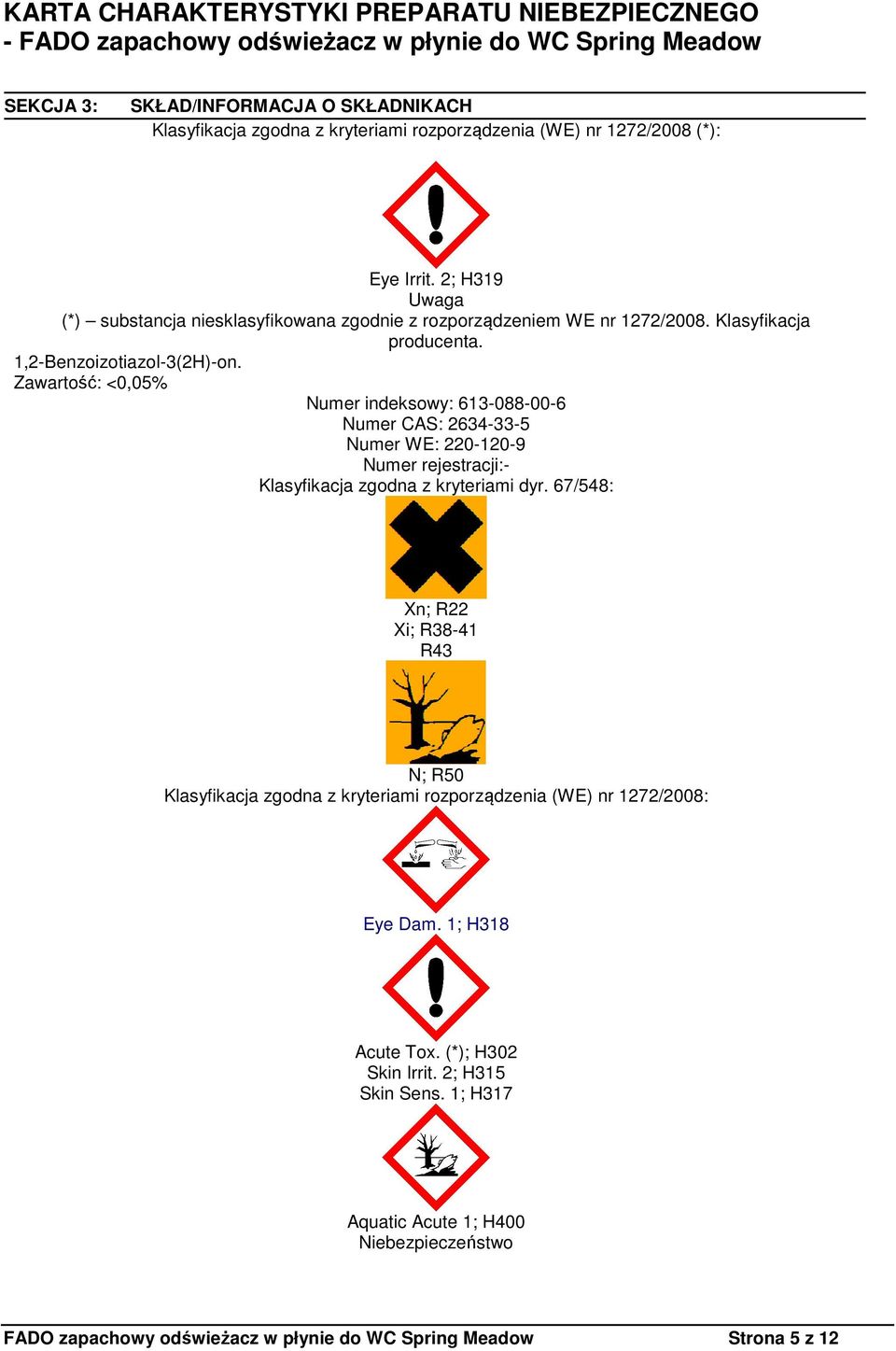 Zawartość: <0,05% Numer indeksowy: 613-088-00-6 Numer CAS: 2634-33-5 Numer WE: 220-120-9 Numer rejestracji:- Klasyfikacja zgodna z kryteriami dyr.