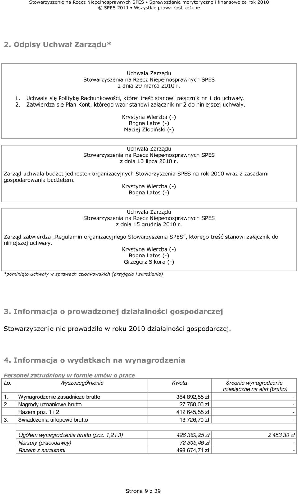 Krystyna Wierzba (-) Bogna Latos (-) Maciej Żłobiński (-) Uchwała Zarządu Stowarzyszenia na Rzecz Niepełnosprawnych SPES z dnia 13 lipca 2010 r.