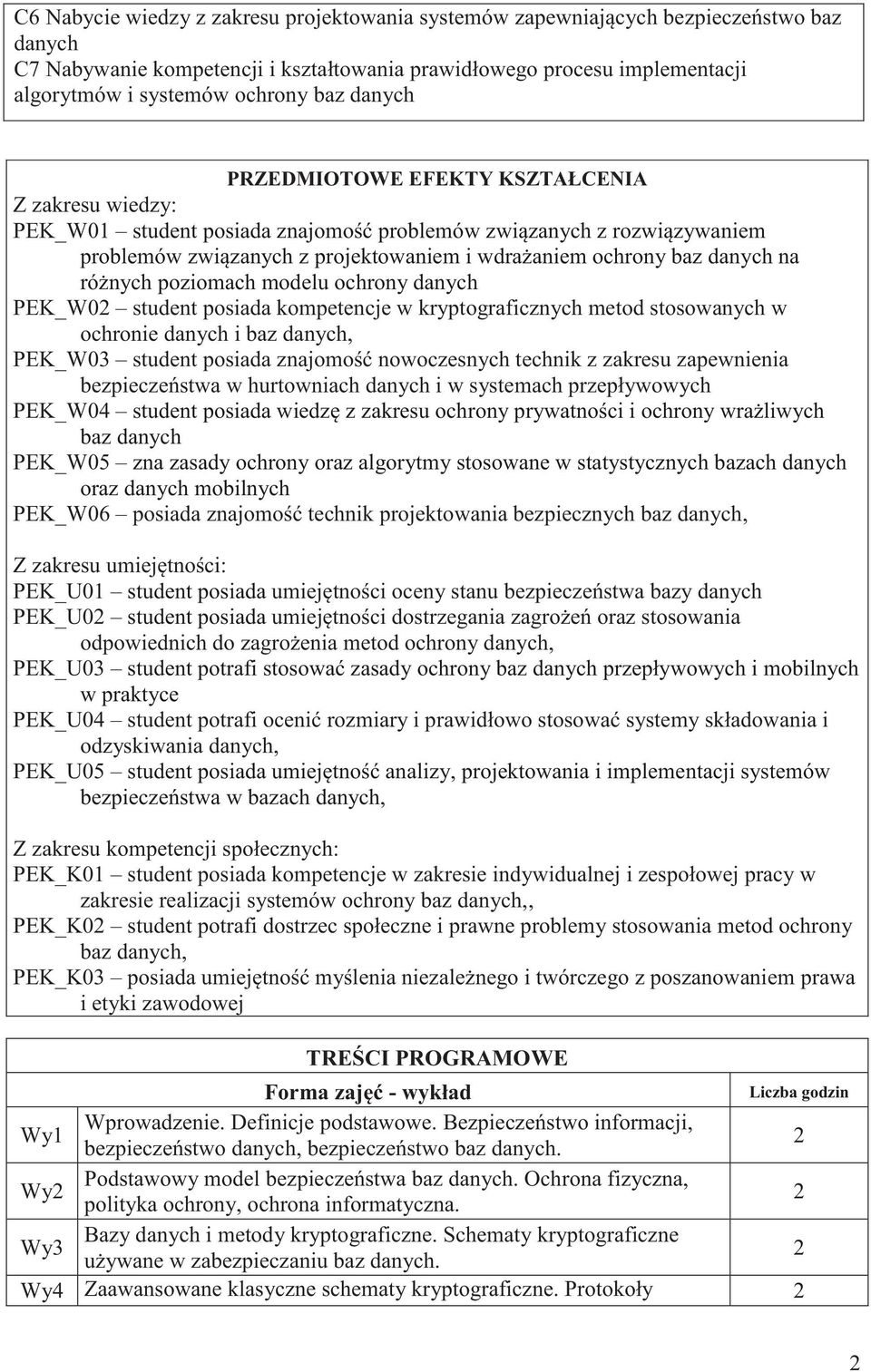 danych na różnych poziomach modelu ochrony danych PEK_W0 student posiada kompetencje w kryptograficznych metod stosowanych w ochronie danych i baz danych, PEK_W03 student posiada znajomość