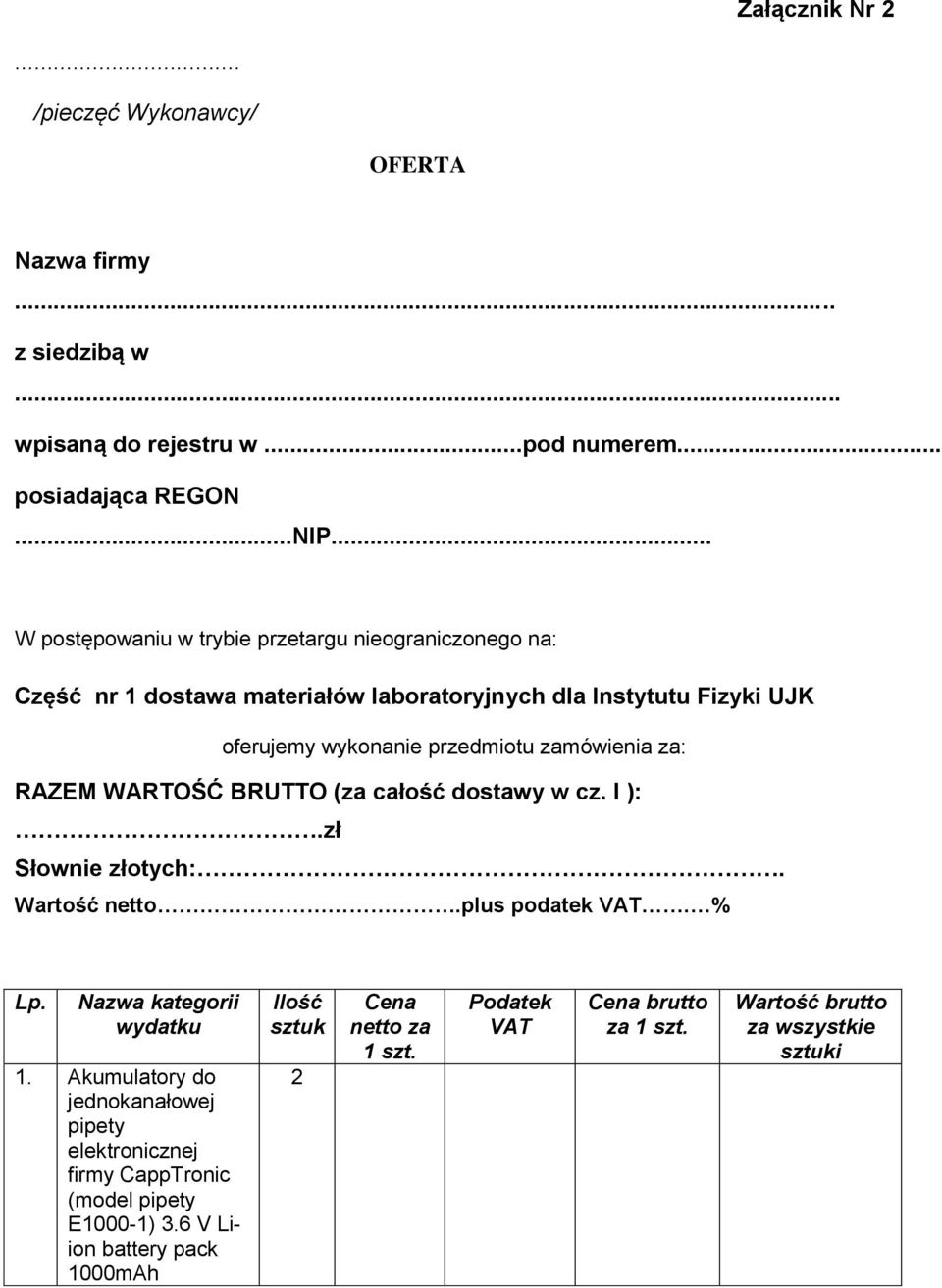 zamówienia za: RAZEM WARTOŚĆ BRUTTO (za całość dostawy w cz. I ):.zł Słownie złotych:. Wartość netto.plus podatek VAT. % Lp. Nazwa kategorii wydatku.