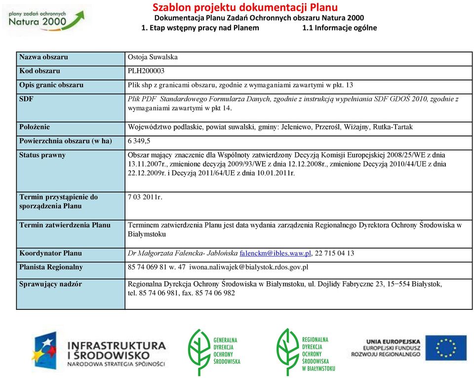 13 SDF Położenie Powierzchnia obszaru (w ha) 6 349,5 Status prawny Plik PDF Standardowego Formularza Danych, zgodnie z instrukcją wypełniania SDF GDOŚ 2010, zgodnie z wymaganiami zawartymi w pkt 14.