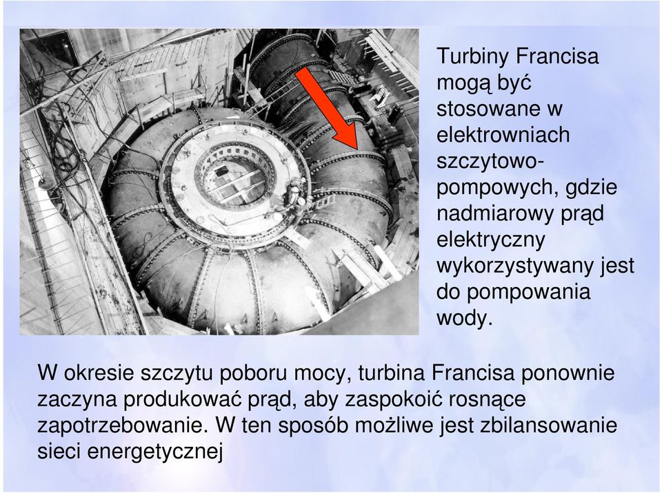 W okresie szczytu poboru mocy, turbina Francisa ponownie zaczyna produkować prąd,