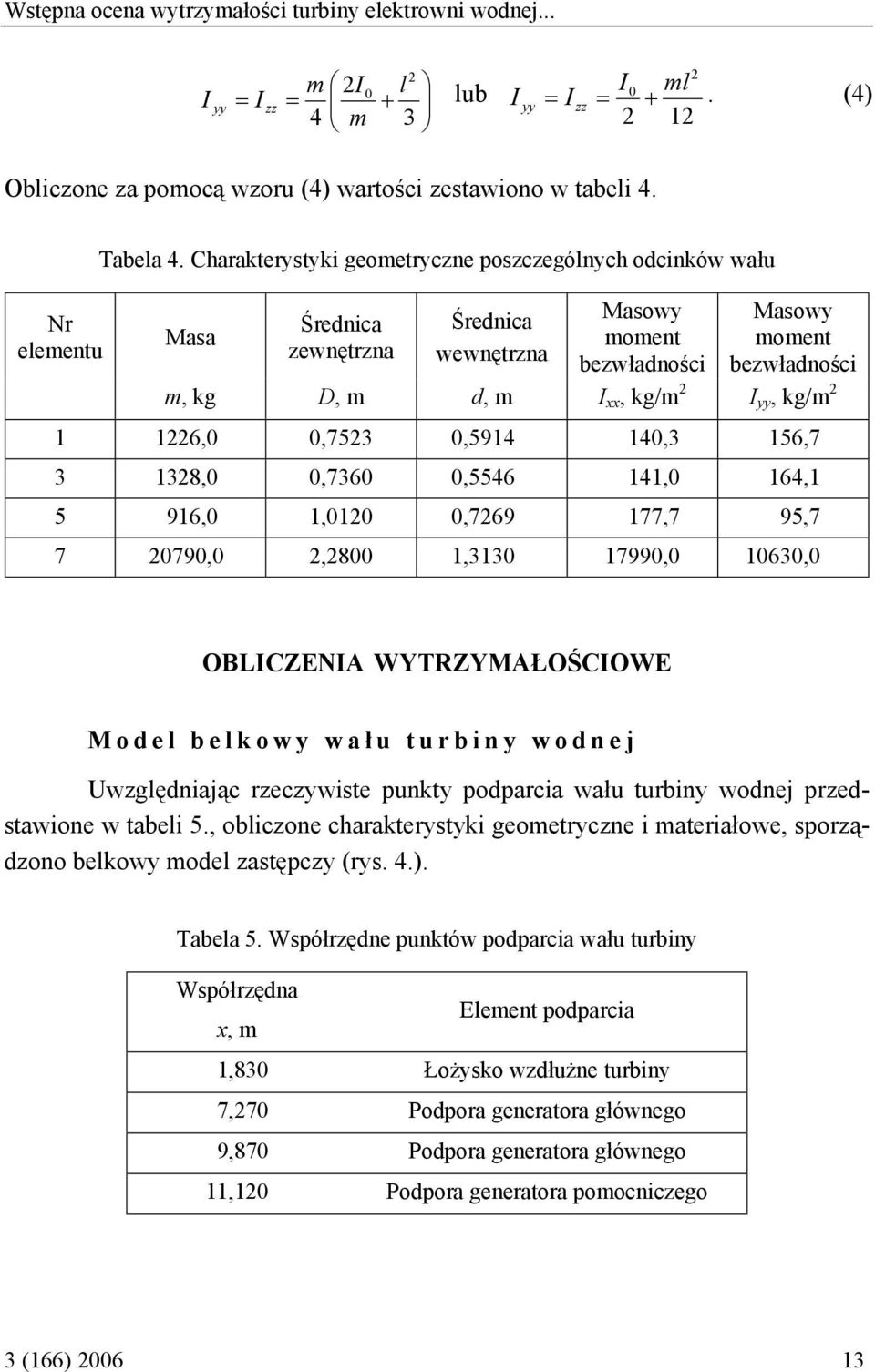 Charakterystyki geometryczne poszczególnych odcinków wału Średnica Średnica Masowy Masowy Masa moment moment zewnętrzna wewnętrzna bezwładności bezwładności m, kg D, m d, m I xx, kg/m 2 I yy, kg/m 2