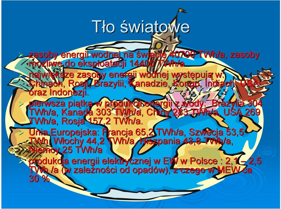 pierwsza piątka w produkcji energii z wody: Brazylia 304 TWh/a, Kanada 303 TWh/a, Chiny 283 TWh/a, USA 269 TWh/a, Rosja 157,2 TWh/a.