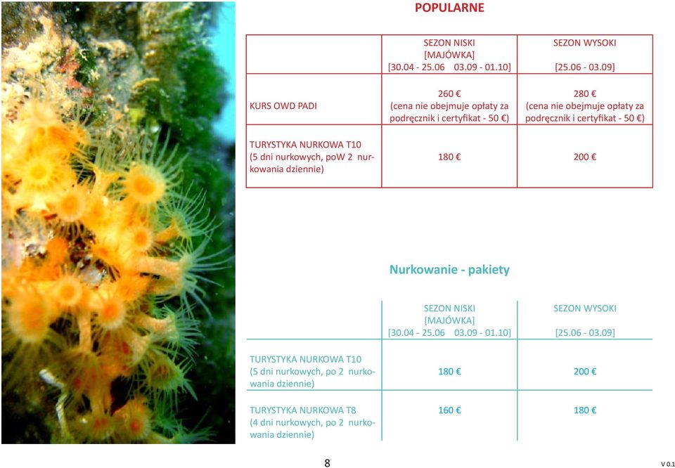 09] 280 podręcznik i certyfikat - 50 ) TURYSTYKA NURKOWA T10 (5 dni nurkowych, pow 2 nurkowania dziennie) 180 200
