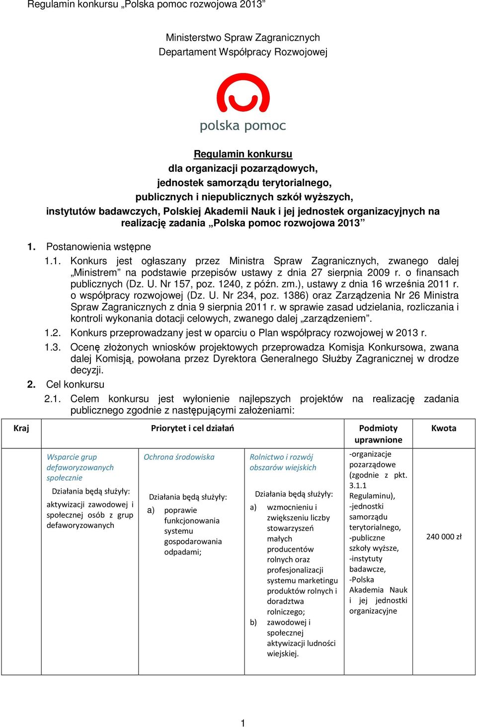 1. Postanowienia wstępne 1.1. Konkurs jest ogłaszany przez Ministra Spraw Zagranicznych, zwanego dalej Ministrem na podstawie przepisów ustawy z dnia 27 sierpnia 2009 r. o finansach publicznych (Dz.