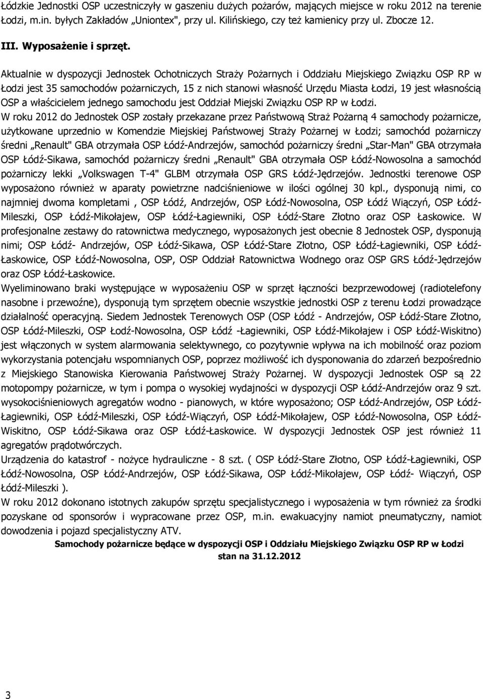 Aktualnie w dyspozycji Jednostek Ochotniczych Straży Pożarnych i Oddziału Miejskiego Związku OSP RP w Łodzi jest 35 samochodów pożarniczych, 15 z nich stanowi własność Urzędu Miasta Łodzi, 19 jest