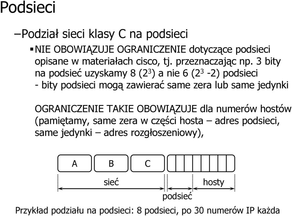 3 bity na podsieć uzyskamy 8 (2 3 ) a nie 6 (2 3-2) podsieci - bity podsieci mogą zawierać same zera lub same jedynki