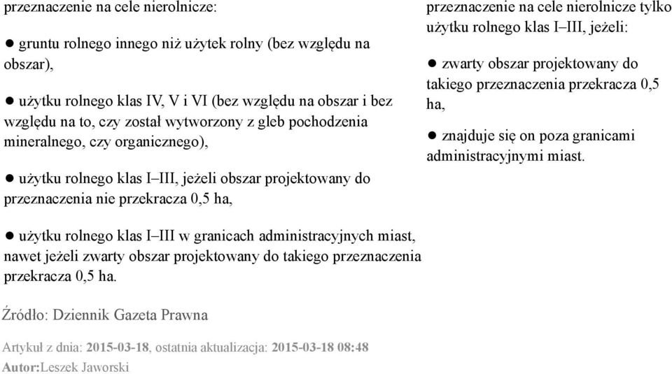 klas I III, jeżeli: zwarty obszar projektowany do takiego przeznaczenia przekracza 0,5 ha, znajduje się on poza granicami administracyjnymi miast.