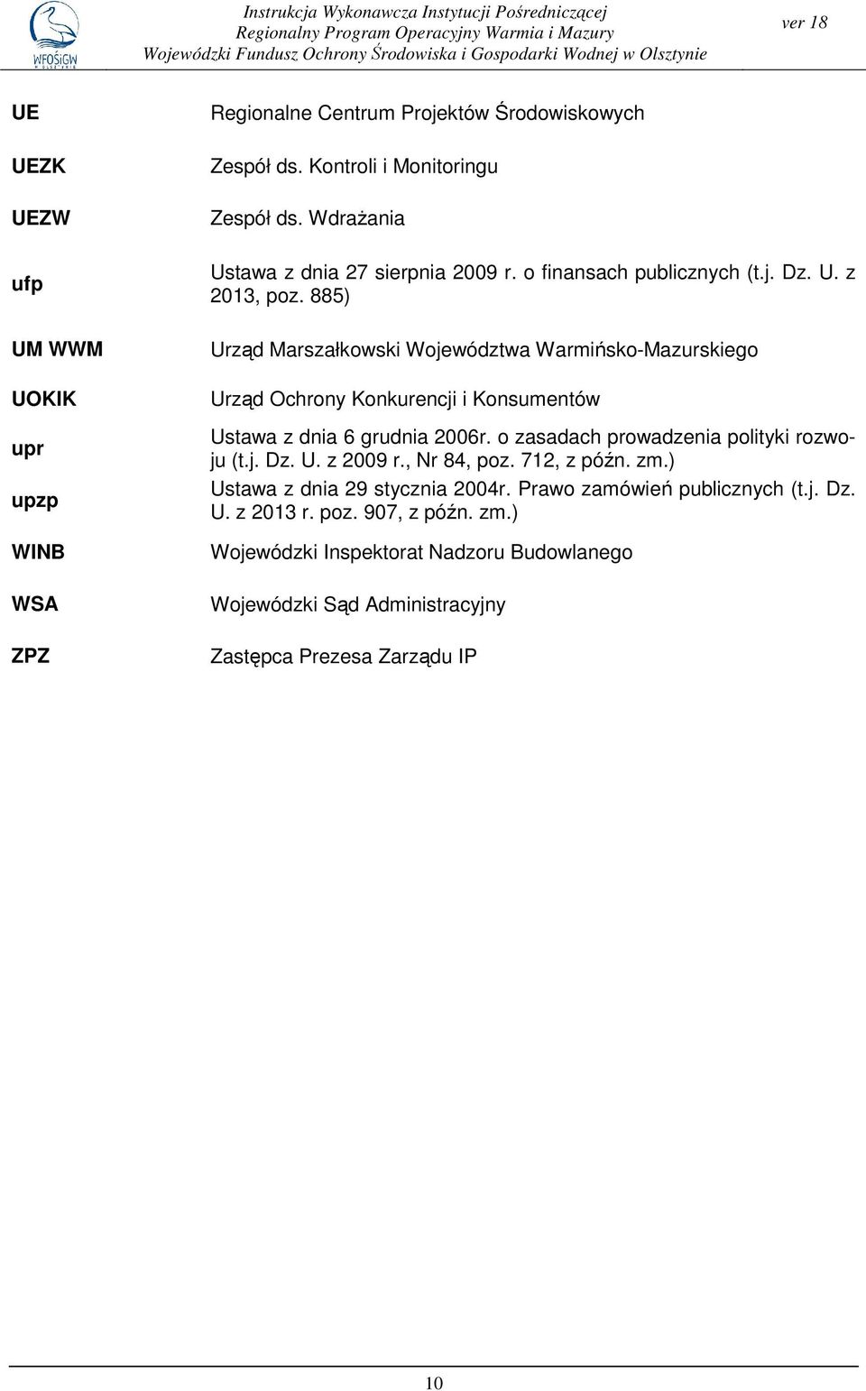 885) UM WWM UOKIK upr upzp WINB WSA ZPZ Urząd Marszałkowski Województwa Warmińsko-Mazurskiego Urząd Ochrony Konkurencji i Konsumentów Ustawa z dnia 6 grudnia 2006r.