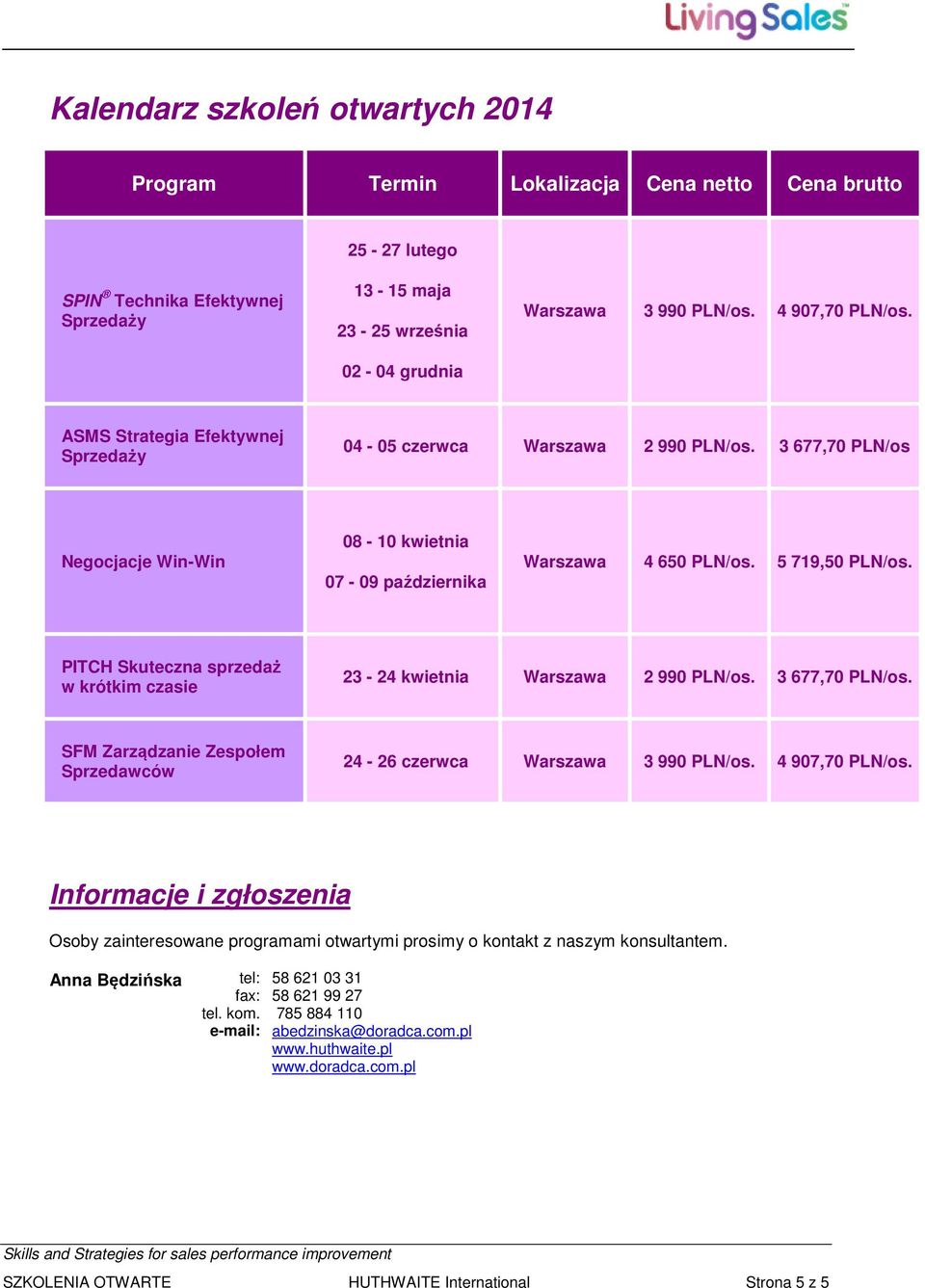 Skuteczna sprzedaż w krótkim czasie 23-24 kwietnia Warszawa 2 990 PLN/os 3 677,70 PLN/os SFM Zarządzanie Zespołem Sprzedawców 24-26 czerwca Warszawa 3 990 PLN/os 4 907,70 PLN/os Informacje i