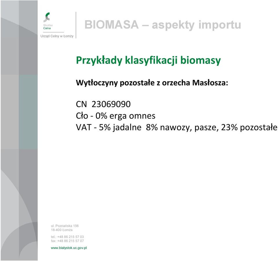 Masłosza: CN 23069090 Cło 0% erga