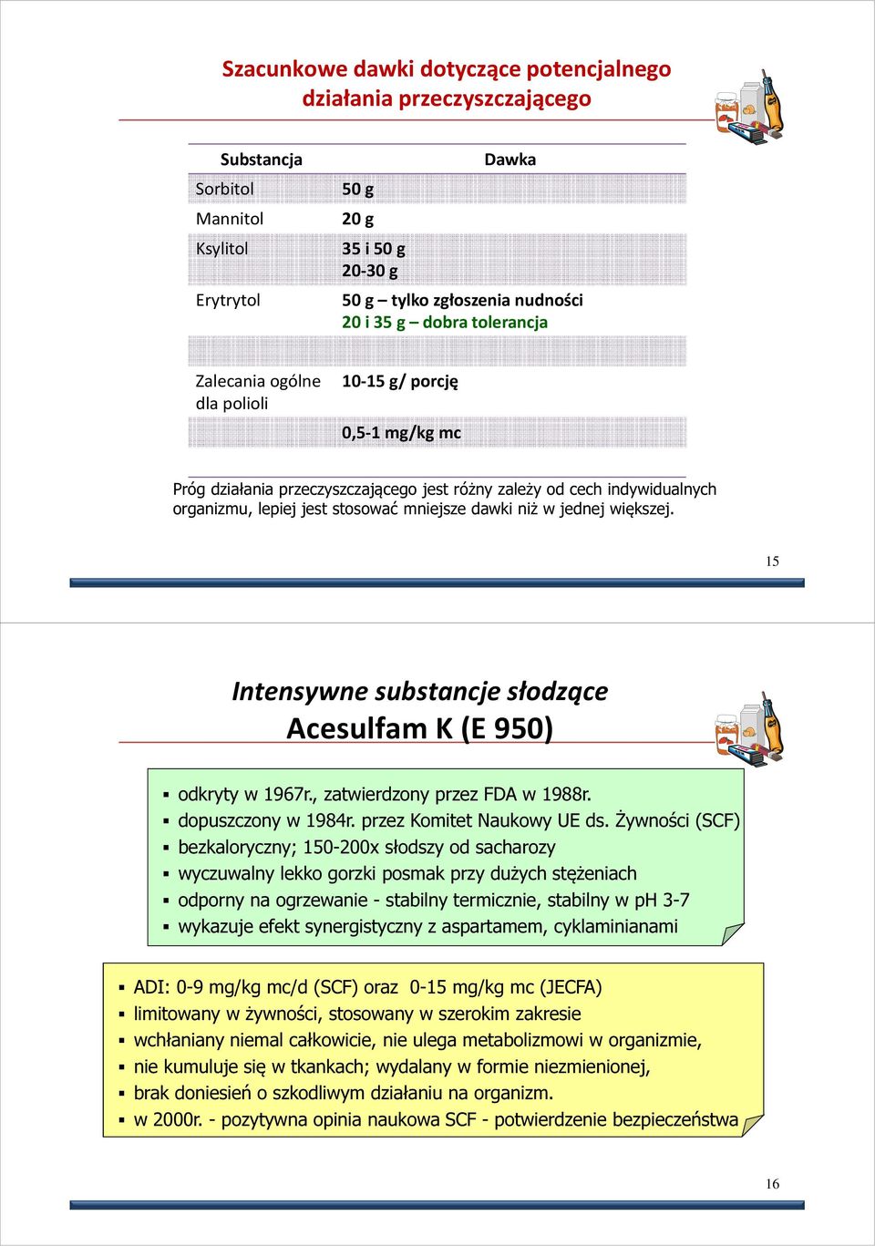 jednej większej. 15 Intensywne substancje słodzące Acesulfam K (E 950) odkryty w 1967r., zatwierdzony przez FDA w 1988r. dopuszczony w 1984r. przez Komitet Naukowy UE ds.