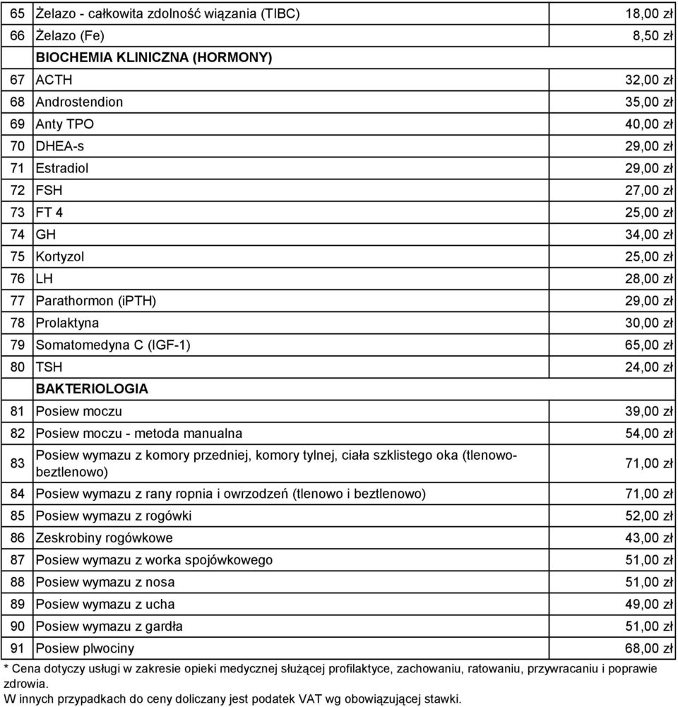 82 Posiew moczu - metoda manualna 54,00 zł 83 BIOCHEMIA KLINICZNA (HORMONY) BAKTERIOLOGIA Posiew wymazu z komory przedniej, komory tylnej, ciała szklistego oka (tlenowobeztlenowo) 71,00 zł 84 Posiew