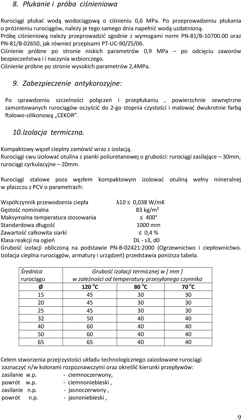 Ciśnienie próbne po stronie niskich parametrów 0,9 MPa po odcięciu zaworów bezpieczeństwa i i naczynia wzbiorczego. Ciśnienie próbne po stronie wysokich parametrów 2,4MPa. 9.