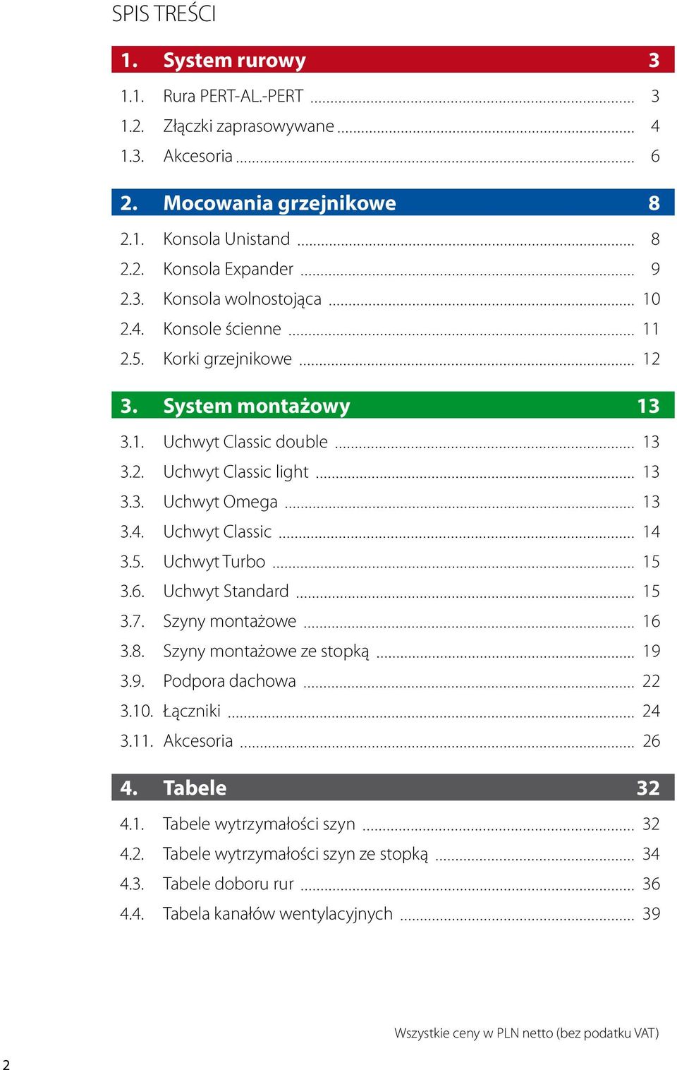 6. Uchwyt Standard 15 3.7. Szyny montażowe 16 3.8. Szyny montażowe ze stopką 19 3.9. Podpora dachowa 22 3.10. Łączniki 24 3.11. Akcesoria 26 4. Tabele 32 4.1. Tabele wytrzymałości szyn 32 4.