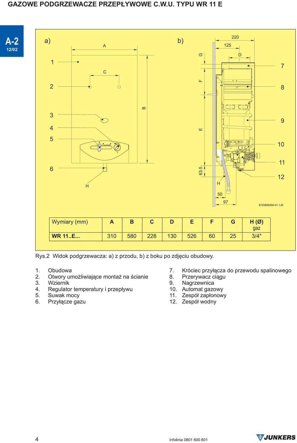 Otwory umo liwiaj¹ce monta na œcianie. Wziernik 4. Regulator temperatury i przep³ywu 5. Suwak mocy 6.