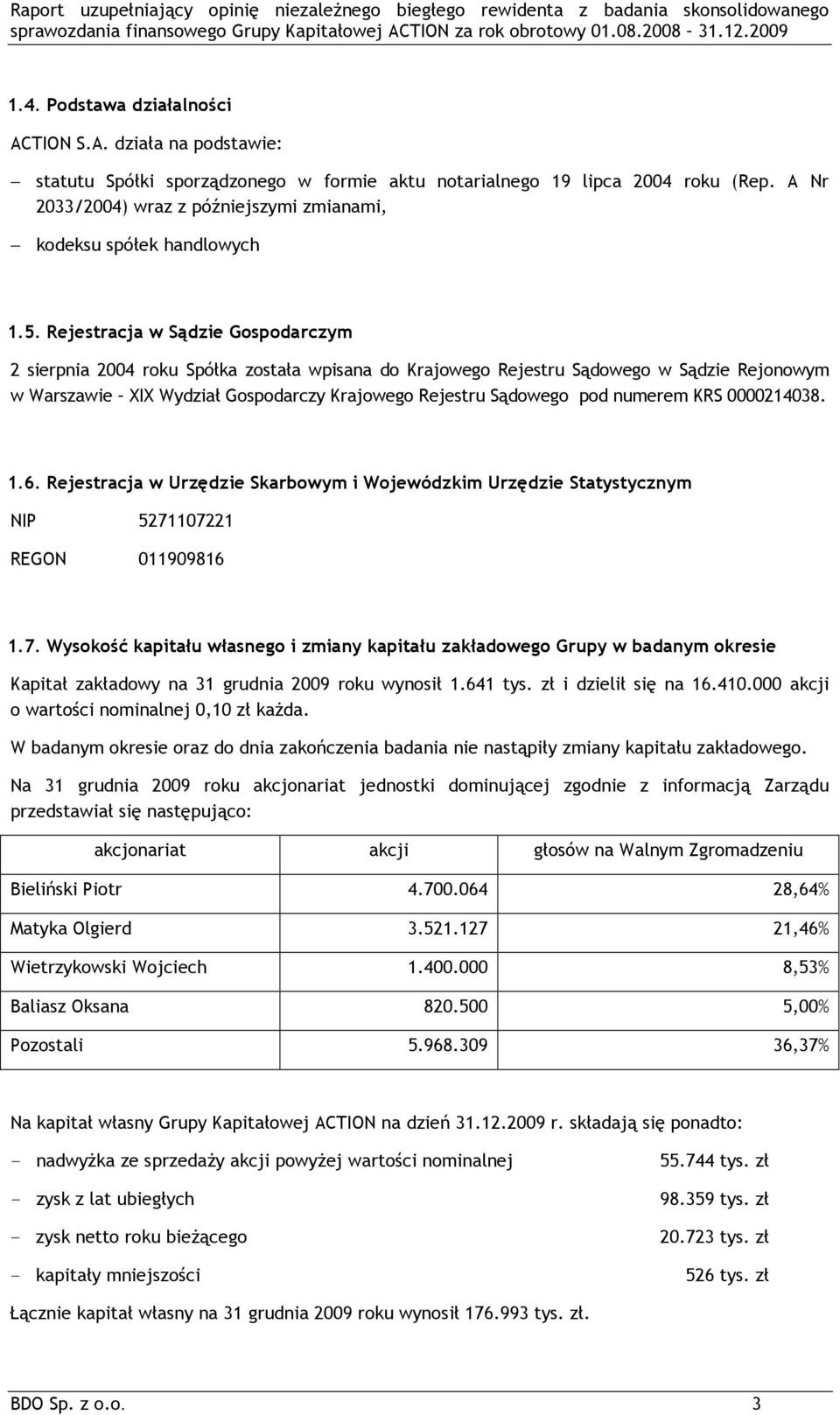 Rejestracja w Sądzie Gospodarczym 2 sierpnia 2004 roku Spółka została wpisana do Krajowego Rejestru Sądowego w Sądzie Rejonowym w Warszawie XIX Wydział Gospodarczy Krajowego Rejestru Sądowego pod