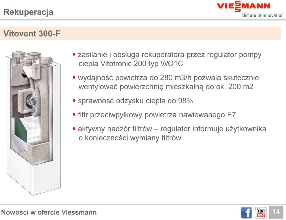 ok. 200 m2 sprawność odzysku ciepła do 98% filtr przeciwpyłkowy powietrza nawiewanego F7 aktywny