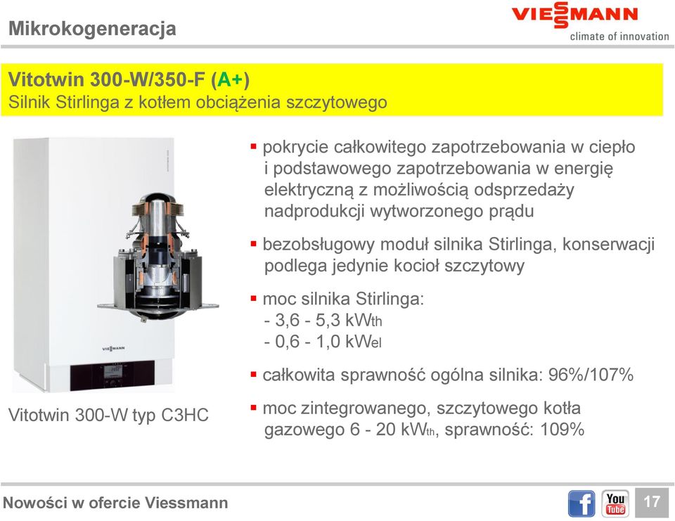 Stirlinga, konserwacji podlega jedynie kocioł szczytowy moc silnika Stirlinga: - 3,6-5,3 kwth - 0,6-1,0 kwel całkowita sprawność ogólna