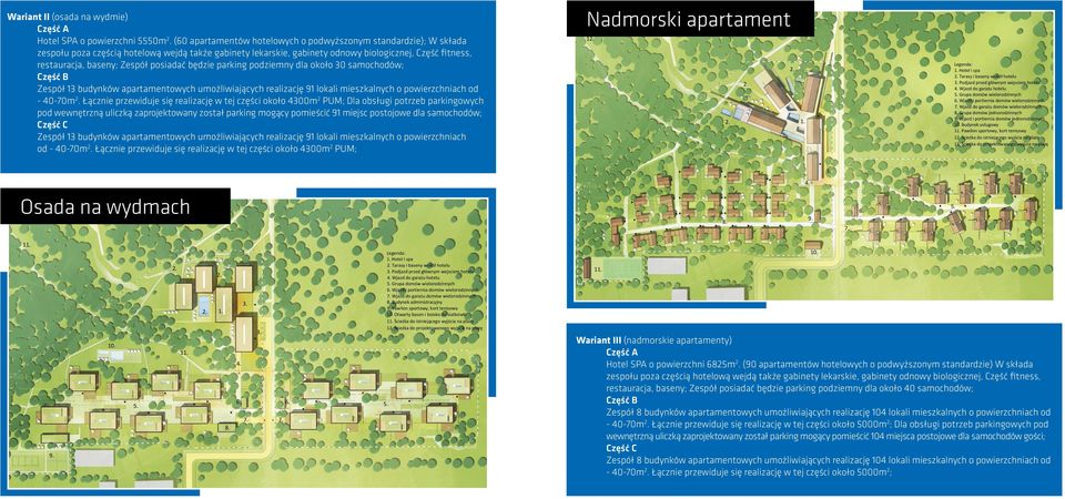 Zespół posiadać będzie parking podziemny dla około 30 samochodów; Część B Zespół 13 budynków apartamentowych umożliwiających realizację 91 lokali mieszkalnych o powierzchniach od - 40-70m 2.