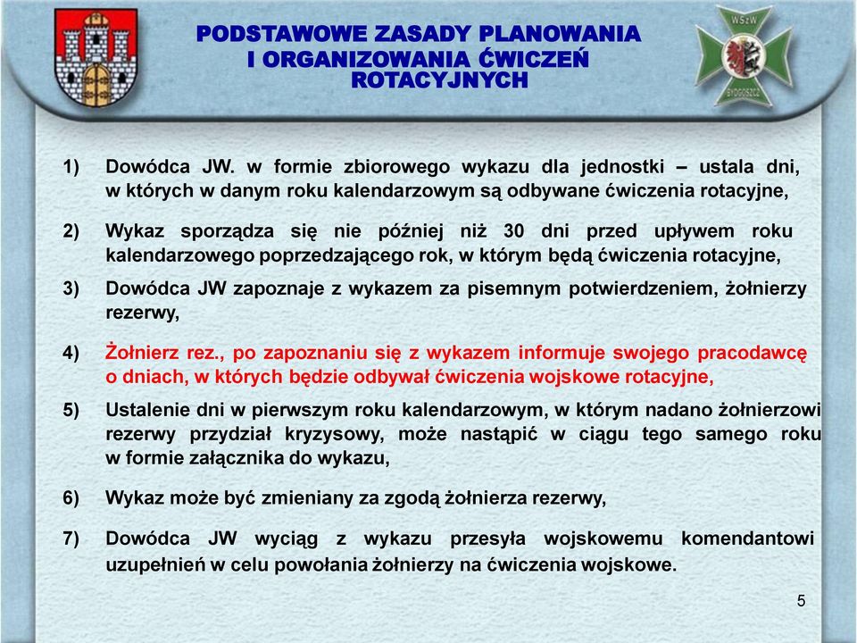 kalendarzowego poprzedzającego rok, w którym będą ćwiczenia rotacyjne, 3) Dowódca JW zapoznaje z wykazem za pisemnym potwierdzeniem, żołnierzy rezerwy, 4) Żołnierz rez.