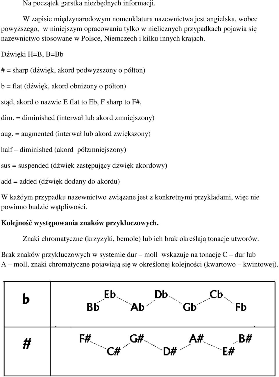 kilku innych krajach. Dźwięki H=B, B=Bb # = sharp (dźwięk, akord podwyższony o półton) b = flat (dźwięk, akord obniżony o półton) stąd, akord o nazwie E flat to Eb, F sharp to F#, dim.