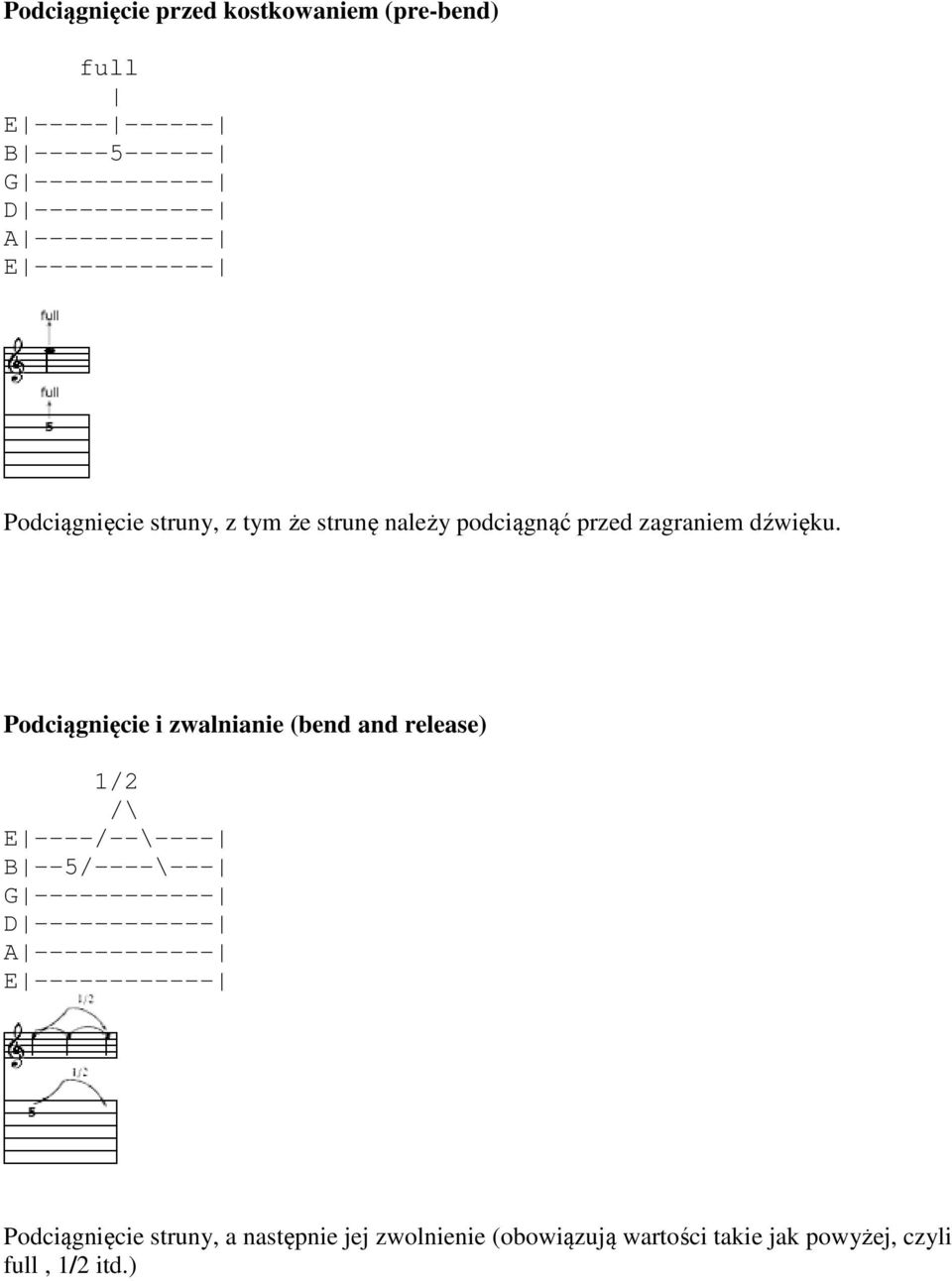 Podciągnięcie i zwalnianie (bend and release) 1/2 /\ E ----/--\---- B --5/----\---