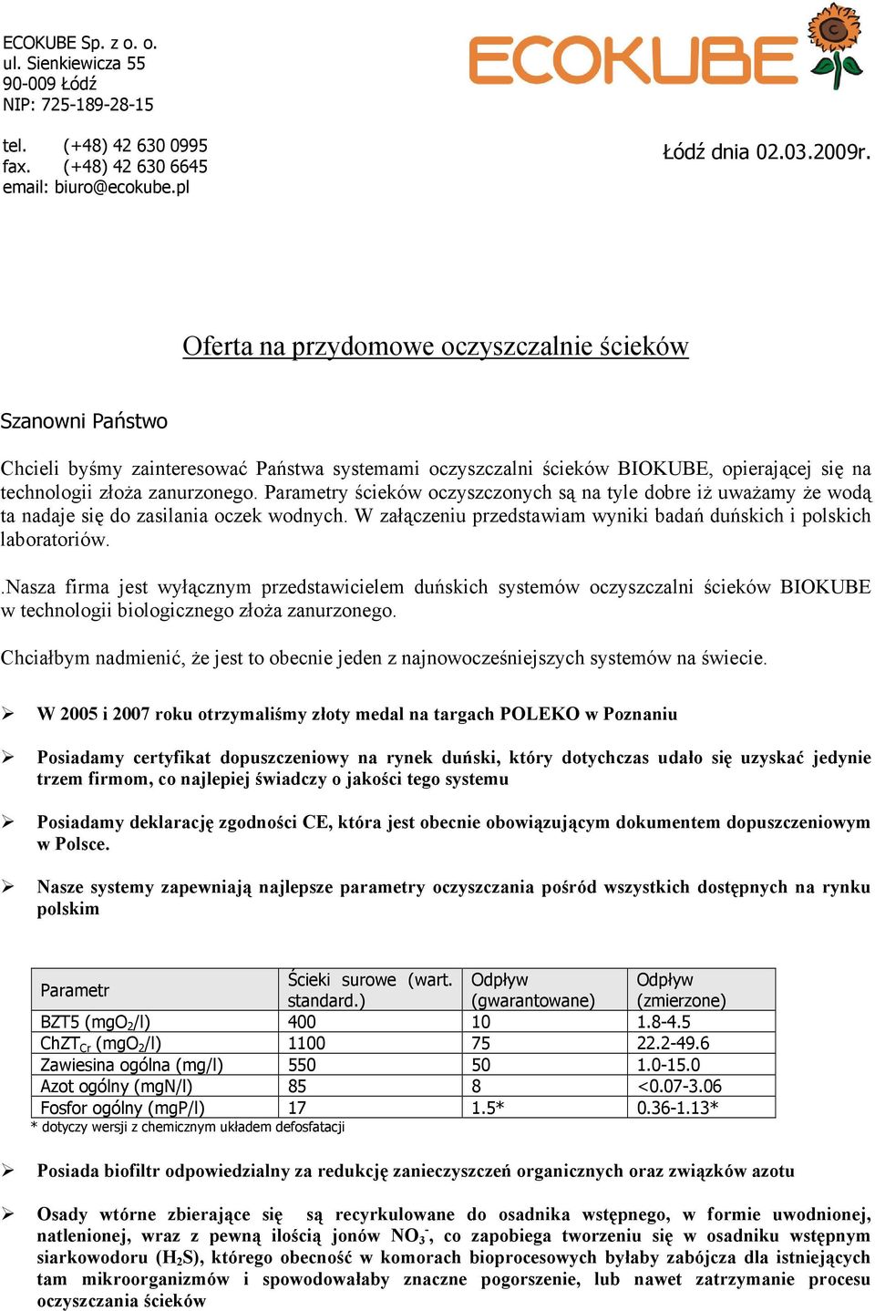 Parametry ścieków oczyszczonych są na tyle dobre iŝ uwaŝamy Ŝe wodą ta nadaje się do zasilania oczek wodnych. W załączeniu przedstawiam wyniki badań duńskich i polskich laboratoriów.