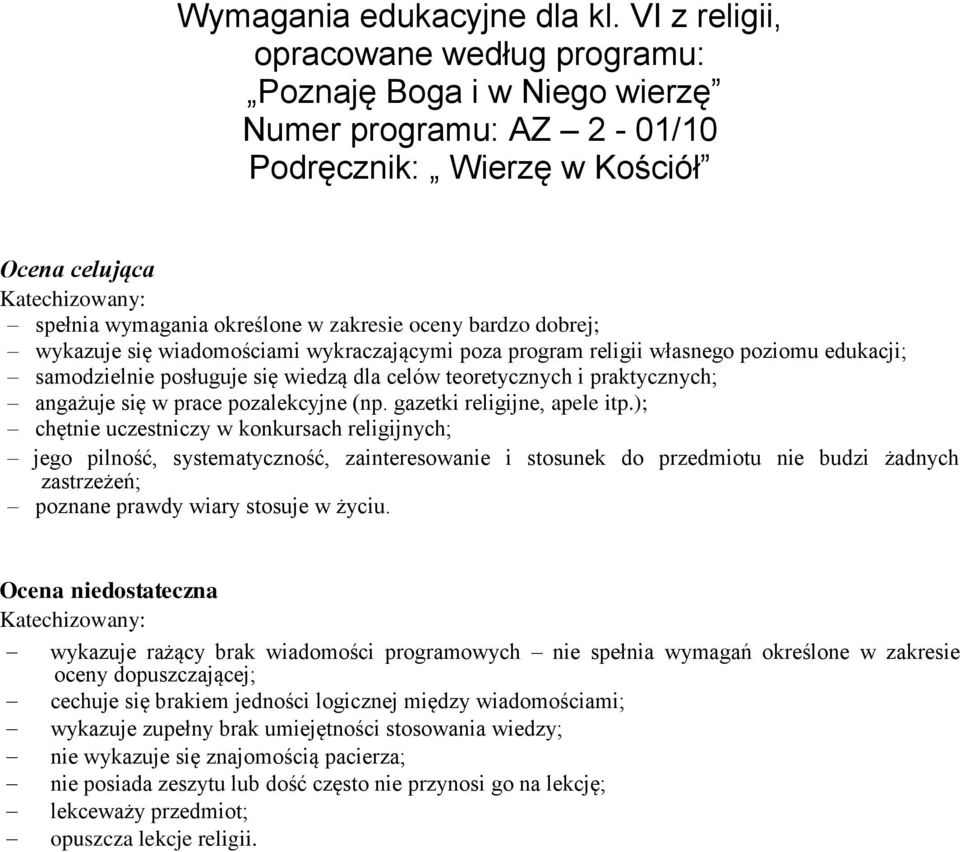 oceny bardzo dobrej; wykazuje się wiadomościami wykraczającymi poza program religii własnego poziomu edukacji; samodzielnie posługuje się wiedzą dla celów teoretycznych i praktycznych; angażuje się w