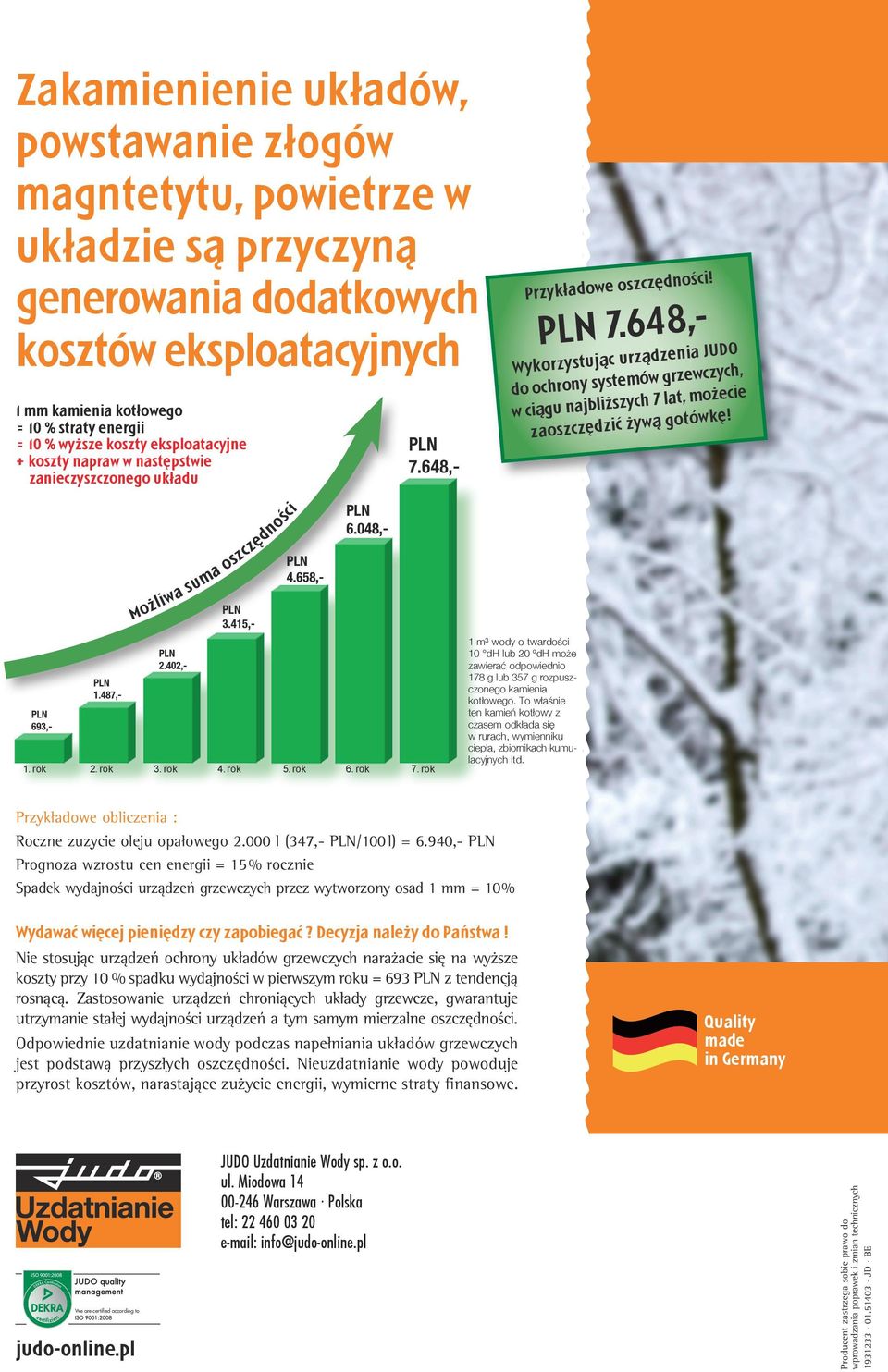 648,- Przykładowe oszczędności! PLN 7.648,- Wykorzystując urządzenia JUDO do ochrony systemów grzewczych, w ciągu najbliższych 7 lat, możecie zaoszczędzić żywą gotówkę! PLN 693,- PLN 1.