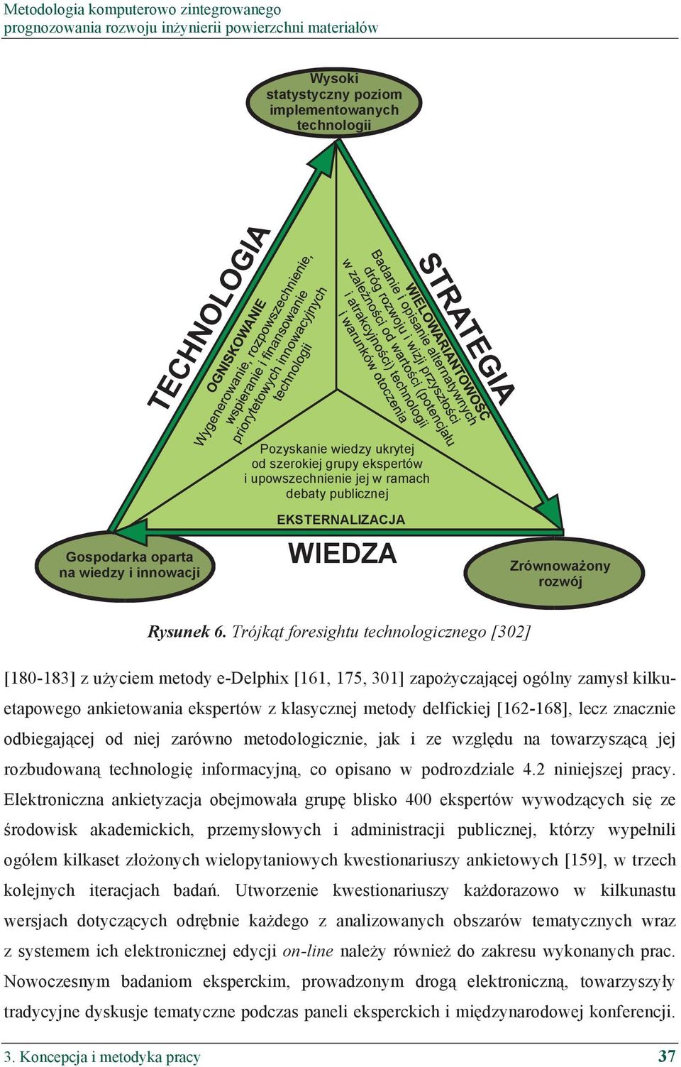 Trójk t foresightu technologicznego [302] [180-183] z u yciem metody e-delphix [161, 175, 301] zapo yczaj cej ogólny zamys kilkuetapowego ankietowania ekspertów z klasycznej metody delfickiej