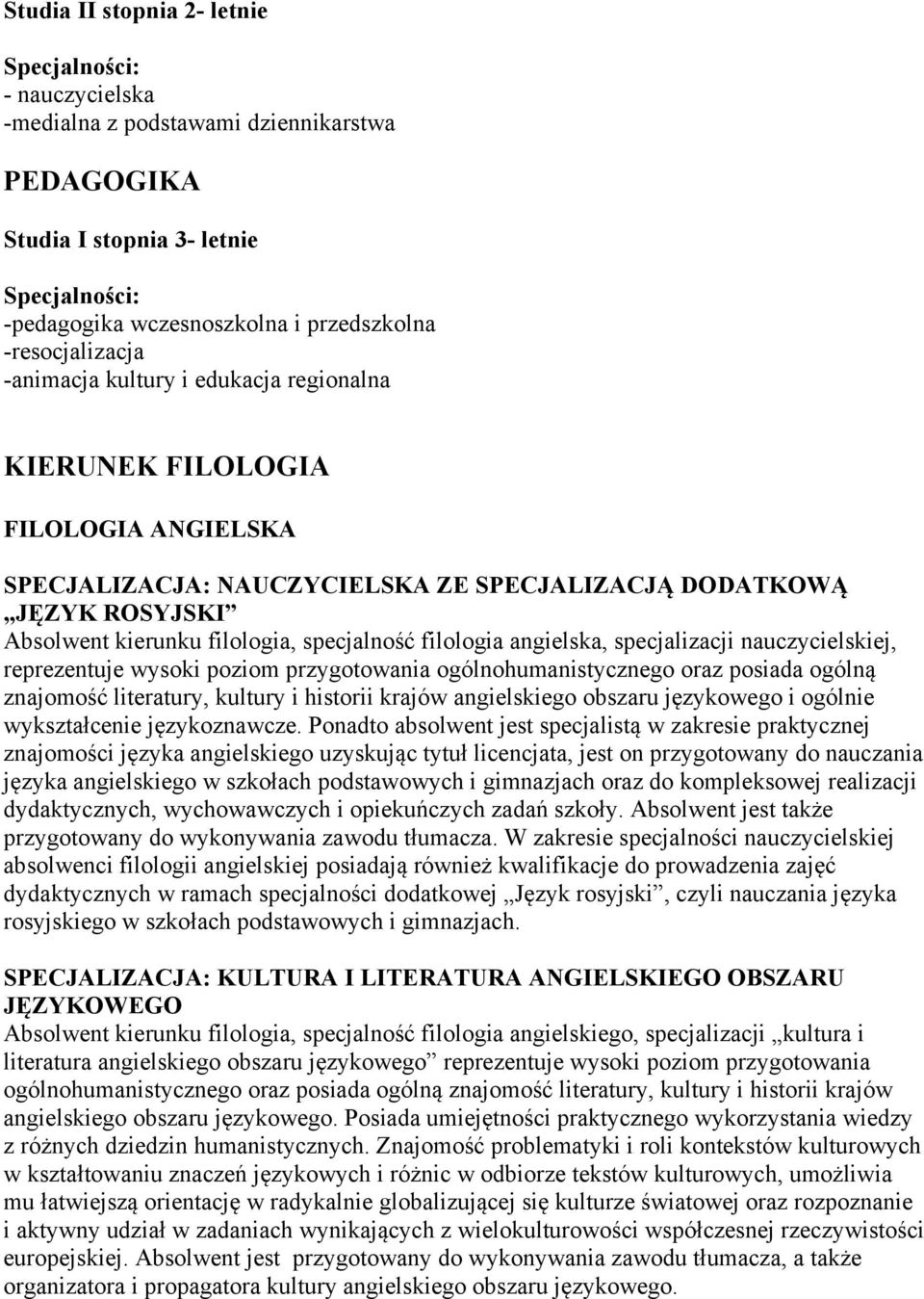 specjalizacji nauczycielskiej, reprezentuje wysoki poziom przygotowania ogólnohumanistycznego oraz posiada ogólną znajomość literatury, kultury i historii krajów angielskiego obszaru językowego i