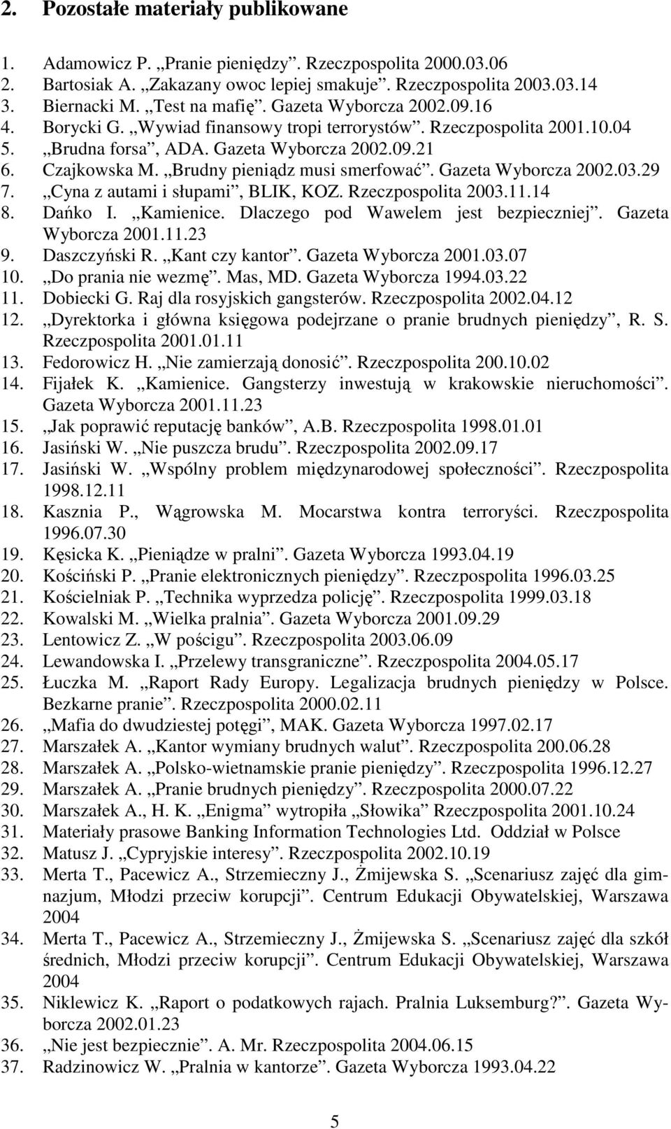 Gazeta Wyborcza 2002.03.29 7. Cyna z autami i słupami, BLIK, KOZ. Rzeczpospolita 2003.11.14 8. Dańko I. Kamienice. Dlaczego pod Wawelem jest bezpieczniej. Gazeta Wyborcza 2001.11.23 9. Daszczyński R.