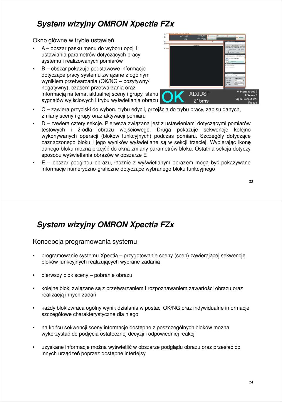 obrazu C zawiera przyciski do wyboru trybu edycji, przejścia do trybu pracy, zapisu danych, zmiany sceny i grupy oraz aktywacji pomiaru D zawiera cztery sekcje.