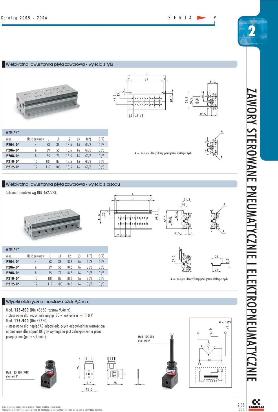 5 16 G1/8 G1/8 Wielokrotna, dwustronna p³yta zaworowa - wyjœcia z przodu Schemat montażu wg DIN 4677/3. Ilość zaworów L L1 L L3 1(P) 3(R) P04-0* 4 53 39 18.5 16 G1/8 G1/8 P06-0* 6 69 55 18.