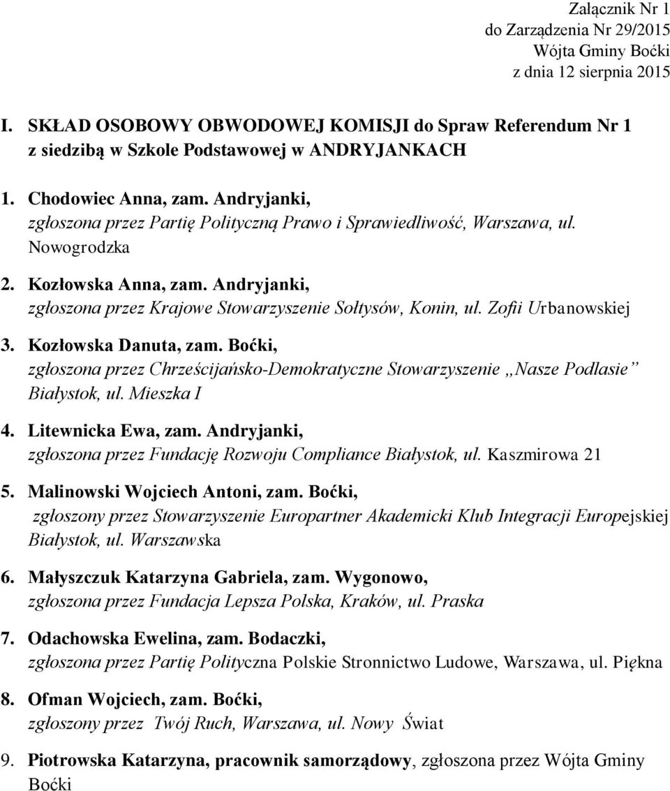 Zofii Urbanowskiej 3. Kozłowska Danuta, zam. Boćki, zgłoszona przez Chrześcijańsko-Demokratyczne Stowarzyszenie Nasze Podlasie Białystok, ul. Mieszka I 4. Litewnicka Ewa, zam.