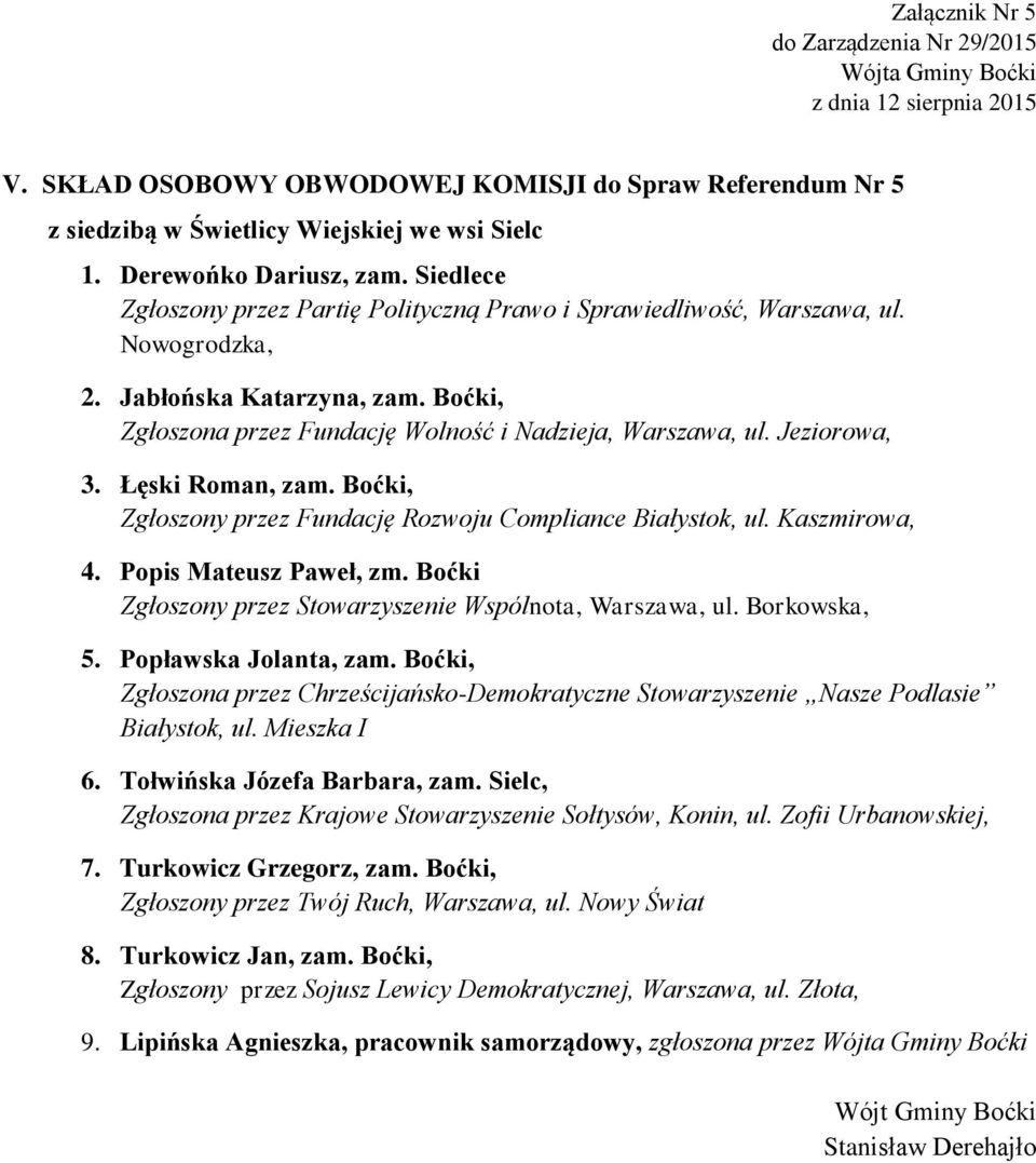 Jeziorowa, 3. Łęski Roman, zam. Boćki, Zgłoszony przez Fundację Rozwoju Compliance Białystok, ul. Kaszmirowa, 4. Popis Mateusz Paweł, zm. Boćki Zgłoszony przez Stowarzyszenie Wspólnota, Warszawa, ul.